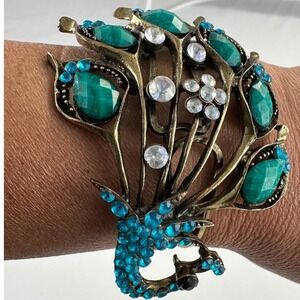 Peacock Cuff Bracelet Vintage Style Teal Faux Malachite Rhinestone Gold Tone